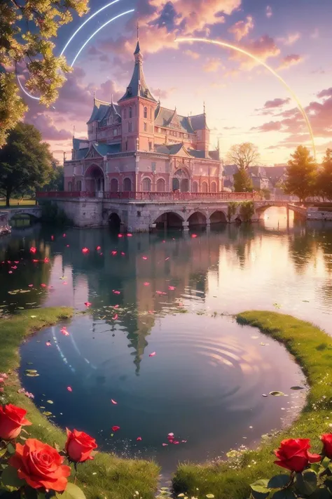 masterpiece,best quality,1girl,  ((breeze)), flying splashes,  flying petals, wind, ((rose)), (vine), cage, bandage, red rope, (detail light), falling rose petals, (water bloom), (delicate glow),  (breeze), long   Flowers meadow,(((sunset)), (less stars form a circle), randomly distributed clouds, (rivers), (willows with branches falling into the water), beautiful detailed glow, detailed ice, beautiful detailed water, (magic circle:1.2), (floating palaces:1.3)