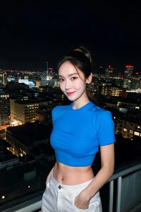 Fujifilm XT3, 8k,close up photo, masterpiece, best quality, (((1girl))), solo,realistic, ((looking at viewer)), photorealistic, (extremely detailed face), looking at viewer, ((ultra-detailed eyes and pupils)), ultra detailed, serious expression, cropped top,shirts, ((standing against a city skyline at night)), (rooftop), crop top, ((navel)), arms behind back, high ponytail, smile,<lora:jessicalorashy:1>