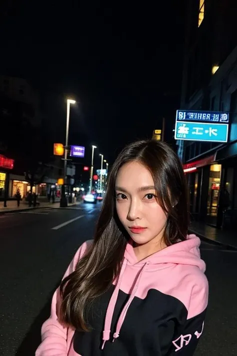 Fujifilm XT3, 8k,close up photo, masterpiece, best quality, (((1girl))), solo,realistic, ((looking at viewer)), photorealistic, (extremely detailed face), looking at viewer, ((ultra-detailed eyes and pupils)), ultra detailed, serious expression, ((standing city street at night)), hoodie, long sleeves, (arms behind back), <lora:jessicalorashy:1>