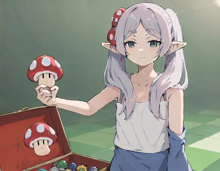 masterpiece,solo,anime-style,a mario holding a mushroom in her one hand,<lora:frieren_meme:0.85>, casino,squinting eyes,box