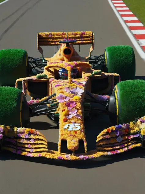 A close-up of an ais-flowery F1 car racing down the track <lora:Flowery_Style_SDXL:1>,<lora:EnvyBetterHiresFixXL01:0:hr=1>