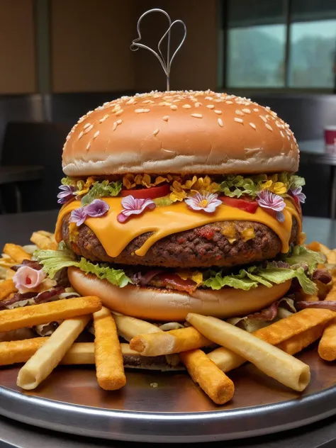 ais-flowery Cheeseburger and fries on a metal table at a diner, masterpiece < <lora:Flowery_Style_SDXL:1>,<lora:EnvyBetterHiresFixXL01:0:hr=1>