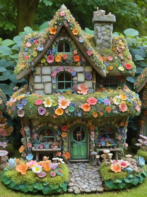 a miniature ais-flowery fairy shop, in a fairy village at the bottom of the garden <lora:Flowery_Style_SDXL:1>,<lora:EnvyBetterHiresFixXL01:0:hr=1>