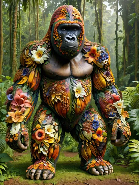 A ral-varnish ais-flowery gorilla, standing in a clearing in the jungle <lora:ral-varnish-sdxl:1>,<lora:Flowery_Style_SDXL:1><lora:EnvyBetterHiresFixXL01:0:hr=1>