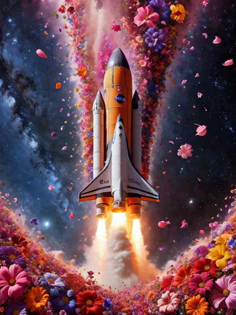 A rocket ship taking off, its exhaust trail transforming into a brilliant cascade of ais-flowery petals, against a backdrop of a deep space nebula <lora:Flowery_Style_SDXL:1>,<lora:EnvyBetterHiresFixXL01:0:hr=1>