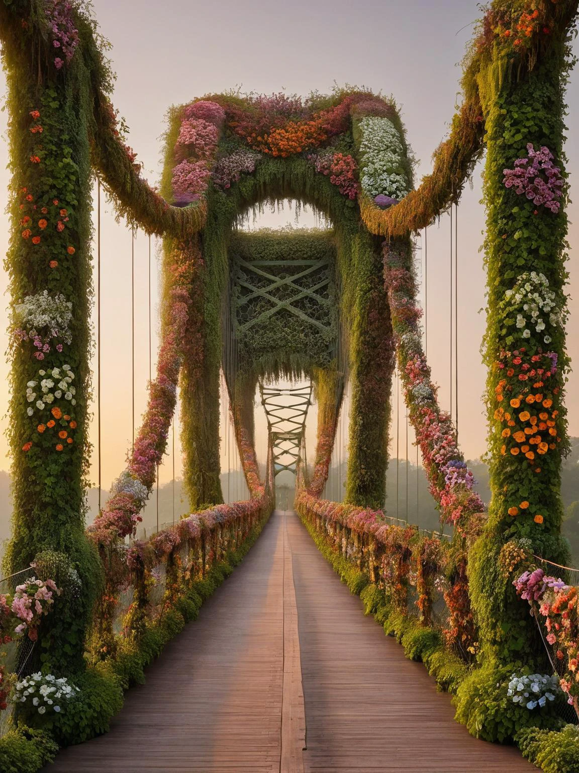 A majestic ais-flowery suspension bridge at dawn, its cables and towers transformed into living vines and flowers. The scene is captured in wide-angle, showcasing the bridgeâs floral grandeur against the awakening sky <lora:Flowery_Style_SDXL:1>,<lora:EnvyBetterHiresFixXL01:0:hr=1>