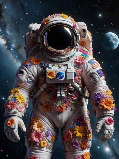 An ais-flowery astronaut floating in space, surrounded by ais-flowery celestial bodies <lora:Flowery_Style_SDXL:1>,<lora:EnvyBetterHiresFixXL01:0:hr=1>