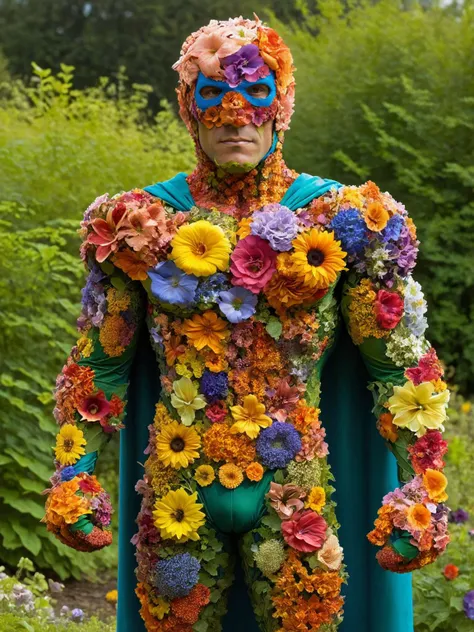 ais-flowery Flower Man, a floral super hero ready to save the garden, masterpiece < <lora:Flowery_Style_SDXL:1>,<lora:EnvyBetterHiresFixXL01:0:hr=1>