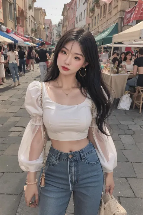 <lora:doll7:0.6>1 girl, upper_body, Crop top with puffy sleeves, High-waisted wide-leg jeans, Platform sandals, Dangle earrings and stackable bracelets, Cobblestone streets leading to an ancient, interdimensional marketplace,