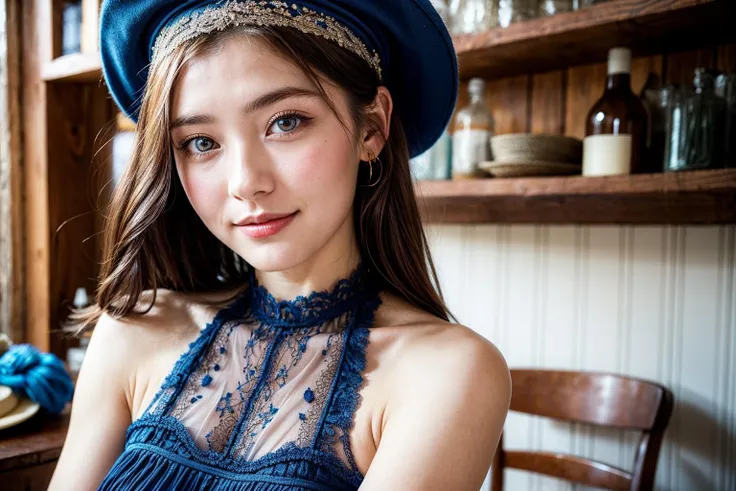 21 years old Ukrainian woman, pure face, beautiful face, little smile, blue eyes, hat, halter dress, lace, vintage store, 
 <lora:add_detail:1.4>