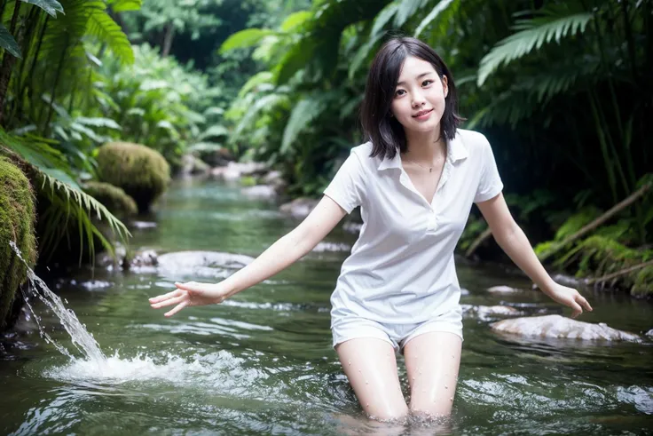 21 years old woman, pure face, beautiful face, short hair, bang, white shirt, short pants, playing in water, river, rainforest