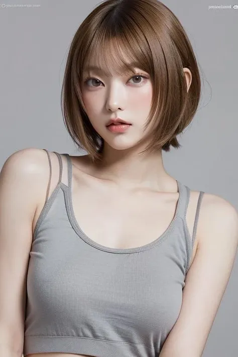 asian woman, blonde bob cut, close-up, (orange tank top), (pastel grey background)  <lora:00_Haerin:1>