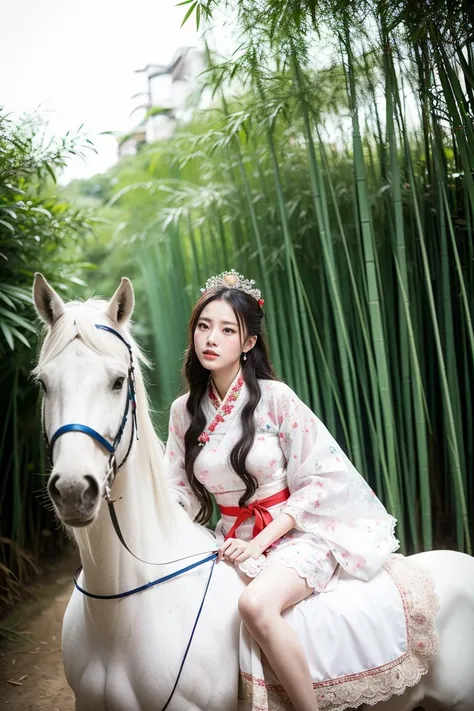 Chinese princess, beautiful face, sitting on white horse,
lace hanfu, bamboo jungle, dim light