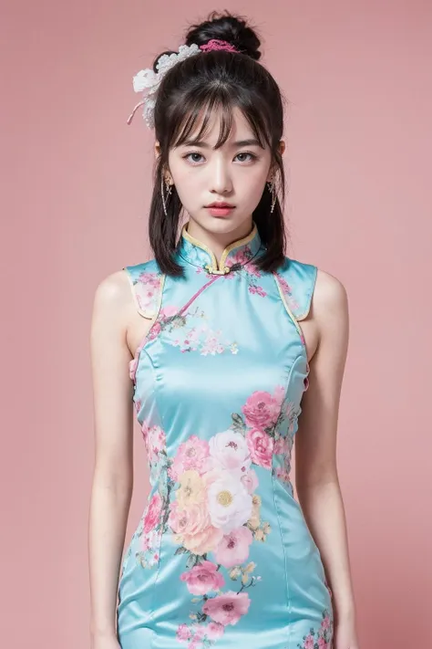 18 years old Taiwan girl, qipao, pastel pink background