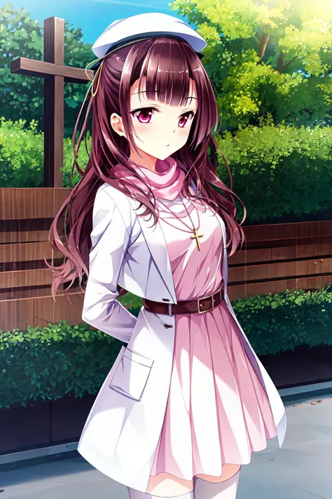 best quality, ultra-detailed, an extremely delicate and beautiful, high resolution, extremely detailed CG, masterpiece,
cowboy shot,
expressionless,
BREAK,
<lora:golmari_V1_0-000015:0.8>,
golmari, ichijouji toko, 1girl, solo, brown hair, long hair, purple eyes,red eyes,
white thighhighs, necklace,pink dress, white coat,pink scarf,white hat,brown footwear, cross-laced footwear,
outdoor,
<lora:add_detail:0.5> ,<lora:outline:-0.5>,