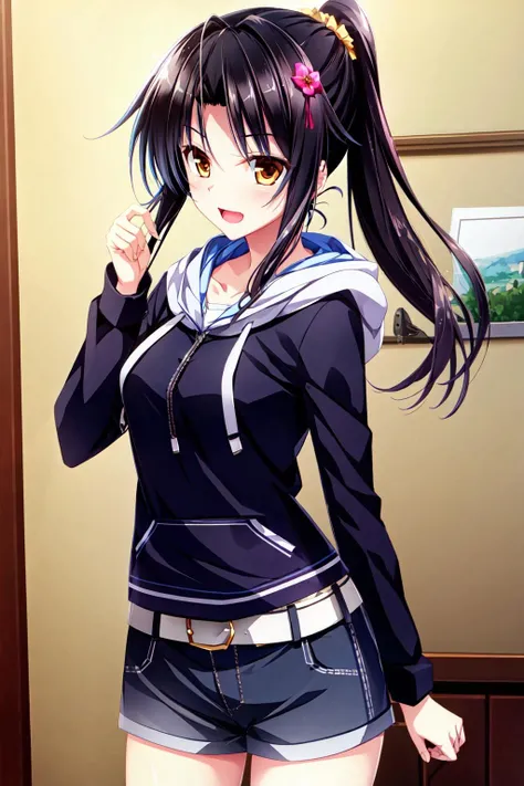 best quality, ultra-detailed, an extremely delicate and beautiful, high resolution, extremely detailed CG, masterpiece,
cowboy shot,
happy,
BREAK,
<lora:golmari_V1_0-000015:0.8>,
golmari, shimakage ruri, 1girl, solo, black hair, bangs, brown eyes,ponytail, long hair,sidelocks,hair ornament,hair scrunchie,
hood,hood down,hoodie, thighhighs, belt, black thighhighs, long sleeves, short shorts,
indoor,
(knee up:1.2),
<lora:add_detail:0.5> ,<lora:outline:-0.5>,