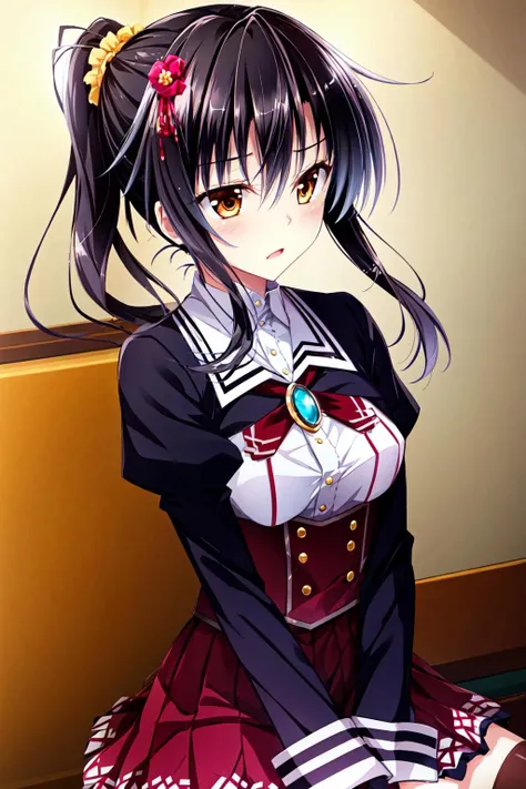 best quality, ultra-detailed, an extremely delicate and beautiful, high resolution, extremely detailed CG, masterpiece,
cowboy shot,
gloom expression,
BREAK,
<lora:golmari_V1_0-000015:0.8>,
golmari, shimakage ruri, 1girl, solo, black hair, bangs, brown eyes,ponytail, long hair,sidelocks,hair ornament,hair scrunchie, 
black thighhighs, long sleeves, juliet sleeves, skirt, puffy sleeves, zettai ryouiki, pleated skirt, school uniform,
indoor,
(wariza:1.2),
<lora:add_detail:0.5> ,<lora:outline:-0.5>,