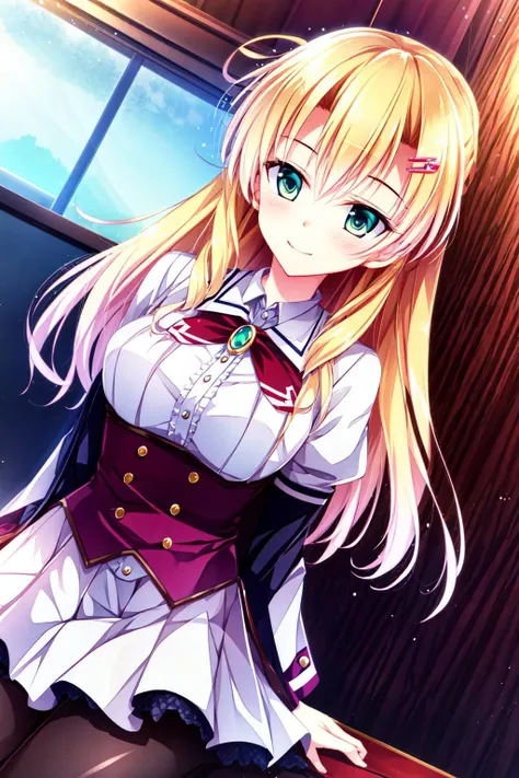 best quality, ultra-detailed, an extremely delicate and beautiful, high resolution, extremely detailed CG, masterpiece,
cowboy shot,
light smile,
BREAK,
<lora:golmari_V1_0-000015:0.8>,
golmari, kasugano yukariko, 1girl, solo, blonde hair, long hair, hair ornament,hairclip, green eyes,
black pantyhose, school uniform, long sleeves, skirt, juliet sleeves, puffy sleeves,
indoor,
(sitting:1.2),
<lora:add_detail:0.5> ,<lora:outline:-0.5>,