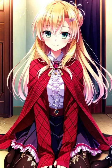 best quality, ultra-detailed, an extremely delicate and beautiful, high resolution, extremely detailed CG, masterpiece,
cowboy shot,
light smile,
BREAK,
<lora:golmari_V1_0-000015:0.8>,
golmari, kasugano yukariko, 1girl, solo, blonde hair, long hair, hair ornament,hairclip, green eyes,
white shirt, rgyle, long sleeves, red skirt, shawl, plaid, frills,
high heels,argyle legwear,black footwear,
indoor,
(wariza:1.2),
<lora:add_detail:0.5> ,<lora:outline:-0.5>,