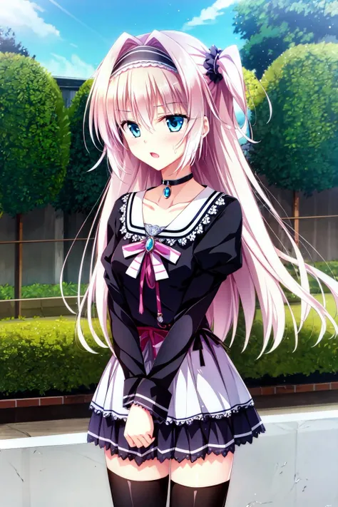 best quality, ultra-detailed, an extremely delicate and beautiful, high resolution, extremely detailed CG, masterpiece,
cowboy shot,
sweatdrop,
BREAK,
<lora:golmari_V1_0-000015:0.8>,
golmari, amaya rei, 1girl, solo, blue eyes, long hair, two side up, pink hair,blonde hair, hairband,
zettai ryouiki,collarbone, pleated skirt, choker, shirt,black dress,long sleeves,
v arms,
outdoor,
<lora:add_detail:0.5> ,<lora:outline:-0.5>,