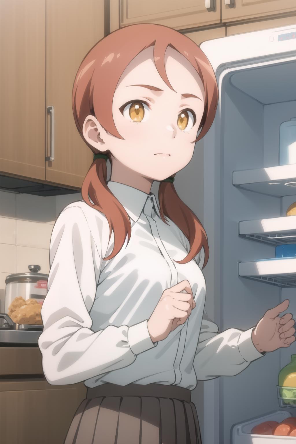 Anime girl in a white shirt and skirt standing in front of an open ...