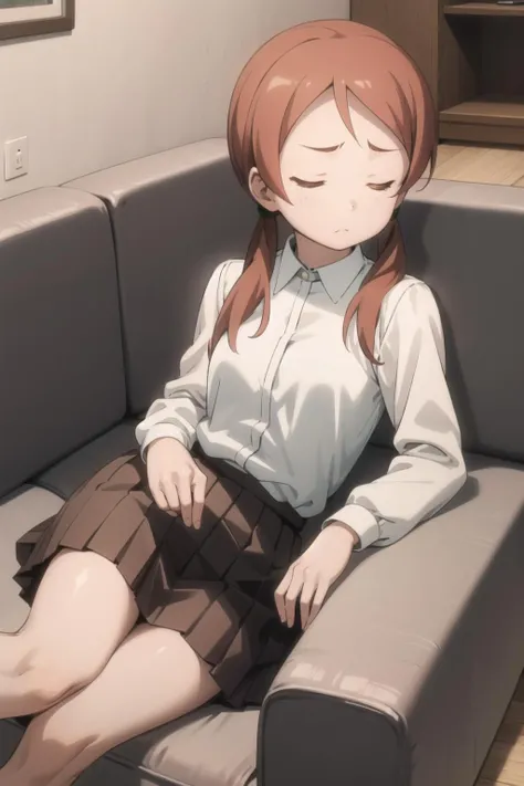 <lora:himari-000009:1>, himari,
dress shirt, brown skirt,
1girl, on side, couch, sigh, exhausted