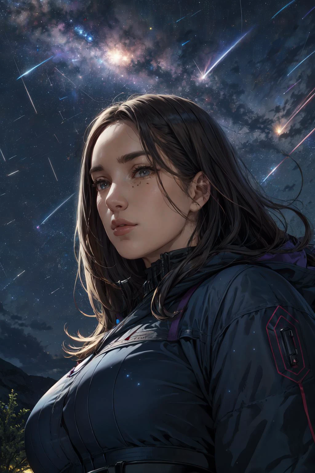 1girl, solo, detailed face, perfect face, portrait, nebula, stars, meteor shower, night, outdoors, from below, looking at viewer, <lora:PulenKompot-Gypssaii:1> gypssaii