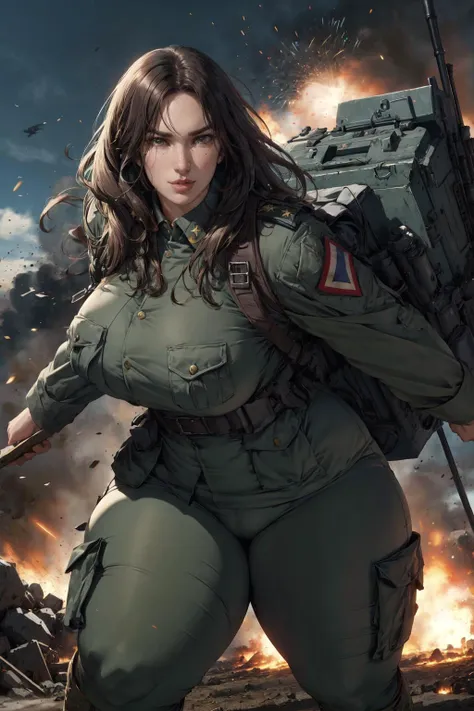 1girl, solo, detailed face, perfect face, trenches, explosions, war, soldier, military uniform, serious, action shot, curvy, <lora:PulenKompot-Gypssaii:1> gypssaii