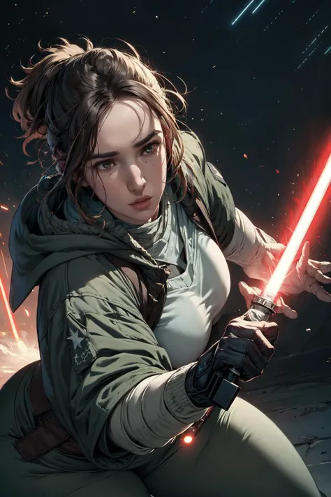 1girl, solo, detailed face, perfect face, star wars, jedi, lightsaber, action shot, <lora:PulenKompot-Gypssaii:1> gypssaii