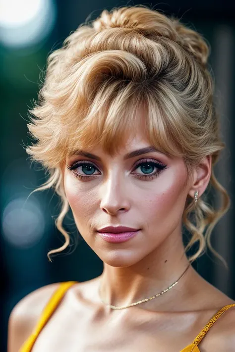 photo of beautiful (jl4nders-135:0.99), a woman in a (movie premiere gala:1.1), perfect hair, hair upsweep updo, wearing yellow (dress shirt:1.1), ((Urbancore:1.1)), modelshoot style, (extremely detailed CG unity 8k wallpaper), professional majestic (photography by august sander:1.1), (Sony ZV-E10 Mirrorless Camera), 24mm, exposure blend, hdr, faded, extremely intricate, High (Detail:1.1), Sharp focus, dramatic, soft cinematic light, (looking at viewer), (detailed pupils), (upper body), 4k textures, soft cinematic light, adobe lightroom, photolab, elegant, ((((cinematic look)))), soothing tones, insane details, hyperdetailed, low contrast