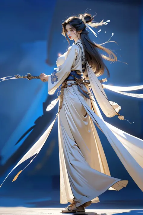 modelshoot style,(extremely detailed CG unity 8k wallpaper),full body,dramatic,motion blur,lens 135mm,f1.8,armor,intricate,High Detail,Sharp focus,dramatic,photorealistic,beautifully face,body perfect,beautifly background,<lora:Chinesestyle_swordswoman:0.655>,Chinese style,floating hair,hanfu,<lora:ChineseweaponsV2:0.655>,
(holding weapon :1.6),cape,hook,viel,golden armored hanfu,fur trim,armored dress,long velvet dress,breasts,narrow waist,magnificent,gorgeous,flowery,flower knight girl,stockings,lace-trimmed legwear,gorgeous armor,breastplate,gauntlets,guardebras,leg armor,spurs,<lora:Fairy-action-lora:0.655>,hesizairenjian,xingzijue,shandian,