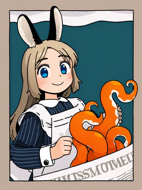 score_9, source_anime, by akai sashimi, best quality, masterpiece, uncensored
BREAK
1girl, animal ears, apron, black apron, black bow, blue eyes, border, bow, closed mouth, collared shirt, hair ornament, holding, light brown hair, long hair, long sleeves, looking at viewer, muted color, newspaper, octopus, rabbit ears, shirt, sleeve cuffs, smile, solo, tareme, tentacles, upper body, vertical-striped shirt
<lora:akai_sashimi_pony_v1-000012:1>