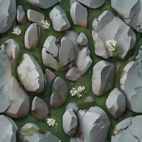 wowtexture of small grey rocks on green grass, white flowers, seamless <lora:sxz-wowtexture-v2:0.8>