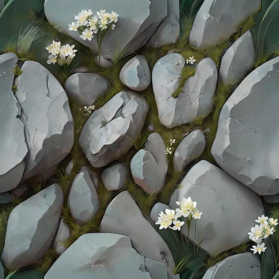 wowtexture of small grey rocks on green grass, white flowers, seamless <lora:sxz-wowtexture-v2:0.8>