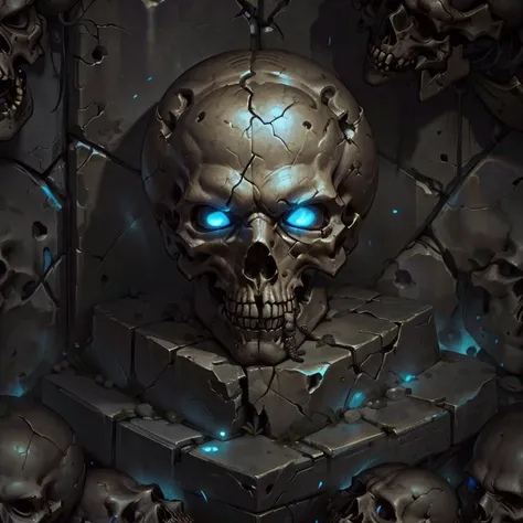 masterpiece, skulls, bones, cracked stone walls, <lora:sxz-wowtexture-v2:0.8> wowtexture of ancient tomb, <lora:NecromancyAI:0.8> NecromancyAI