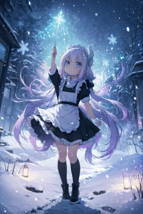 glowing particles, ambient lights, cute, pastel art, full body detailed, 4K, hdr, high details, perfect lighting, perfect anatomy, dreamlike, divine, magical, glowing eyes, , eye trail, ,
,<lora:Kanna_Sora9:0.9> 1 ***********, kanna , maid dragon,winter clothes, snow, snowing, snowflakes, 
 ,<lora:Bluemageddon:0.8>,(florescent blue theme), iridescent aura,
looking up at sky,