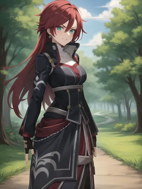 best quality, (masterpiece:1.2), illustration, absurdres, ,,
(1girl, solo), (beautiful detailed girl), cowboy shot,
<lora:Celis-06:1>, Celis Ortesia, red hair, long hair, messy hair, aqua eyes, small breasts, (steel earrings:1.1),
armored_dress, (gown:1.1), (black_pantyhose:1.1), black_boots, (knee_boots:1.1), laced_footwear, red_gloves, fingerless_gloves,
proud, confident, (angry:0.8), smile, looking at viewer,
magical forest, flowers, sky, clouds