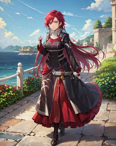 best quality, (masterpiece:1.2), illustration, absurdres,
(1girl), (solo), (beautiful detailed girl), full body shot,
<lora:CelisV2-08:1>, Celis Ortesia, red hair, long hair, messy hair, aqua eyes, medium breasts, earrings, jewelry,
armored dress, (long dress, long skirt:1.1), gown, belt, black pantyhose, black boots, knee boots, laced footwear, red gloves, fingerless gloves,
proud, confident, (angry:0.8), looking at viewer,
garden, distant sea, distant ocean, mediterranean buildings, white buildings, castle on top of hill