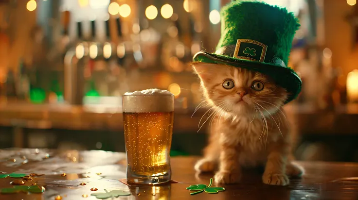Shot from , moviel, cinematic color grading,cinema quality, screenshot from HBO tv show, 1 cute kitten,cute kitten in leprauchan hat,leprachaun and kitten in Saint Patrick's Day,caricature,, giant beer,centered shot, four-leaf clover, Saint Patrick's Day , amazing party,celtic culture, drops of beer foam everywhere