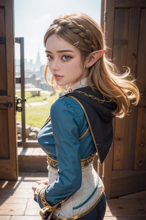 Best quality, masterpiece, ultra high res, raw photorealistic photo , shot with iphone, beautiful and aesthetic,deep shadow, dark theme,(photorealistic:1.4),  real life human, <lora:zelda_1:1>, zelda,aazelda, short (blonde:1.2) hair, crown braid, hairclip, pointy ears, brown cape, blue shirt, puffy sleeves, long sleeves, fingerless gloves, black gloves, black pants, tight pants , from behind,
Graceful poise, evocative atmosphere, magnetic presence, refined seduction, captivating mystique,
Intricate zentangle patterns, a single female figure, astonishing level of detail, generously endowed, portrait composition, striking perspective, a chaotic masterpiece, gracefully poised, inspired by brutalist architecture, vibrant color palette, undertones,