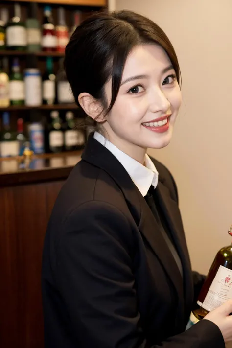1girl,solo,bottle,alcohol,updo hair,red shirt,bar (place),shirt,looking at viewer,blurry background,jacket,formal,blurry,black jacket,black hair,realistic,suit,collared shirt,lips,brown eyes,long sleeves,whiskey,indoors,blush,perfect teeth,laughing,