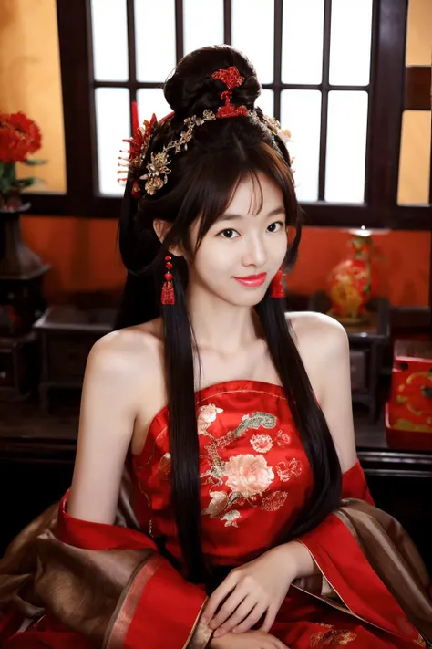1girl, dress, hair ornament, red dress, solo, chinese clothes, long hair, sitting, bare shoulders, window, brown hair, hair bun, indoors, black hair, looking at viewer, <lora:kim_å°çº¢å
_v1:0.75>,close up,upper body, <lora:add_detail:0.5>,smiling face