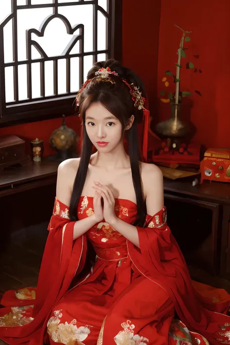 1girl, dress, hair ornament, red dress, solo, chinese clothes, long hair, sitting, bare shoulders, window, brown hair, hair bun, indoors, black hair, looking at viewer, <lora:kim_å°çº¢å
_v1:0.75>