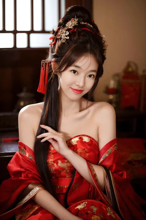 1girl, dress, hair ornament, red dress, solo, chinese clothes, long hair, sitting, bare shoulders, window, brown hair, hair bun, indoors, black hair, looking at viewer, <lora:kim_å°çº¢å
_v1:0.75>,close up,upper body, <lora:add_detail:0.5>,smiling face