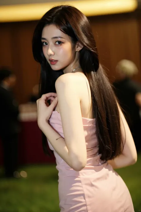 long hair, jewelry, 1girl, looking at viewer, blurry background,