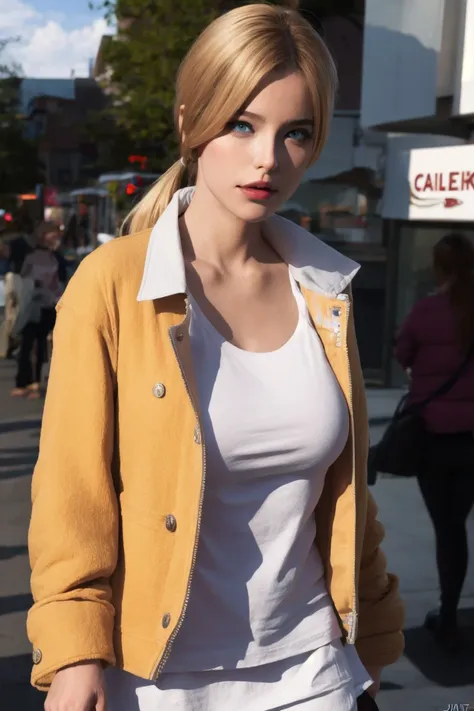 1girl, solo, upper body, looking at viewer, light long hair, makeup, t-shirt, rock band, big breasts, jacket, public, top, people around, photographers, <lora:public_v3.0-locon:1> <lora:xTTx:1> <lora:Gwinnett-01:1>