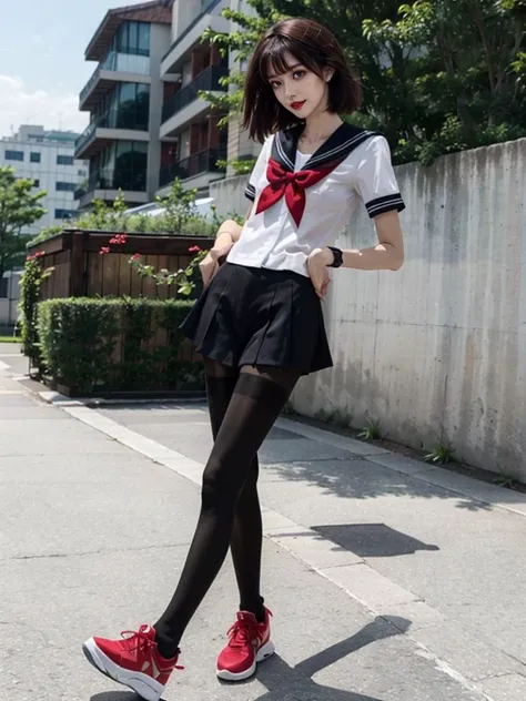 masterpiece,best quality,flat chest,<lora:zoom_slider_v1:-1>,<lora:weight_slider_v2:-1>,dynamic pose,
JK_style,short-sleeved,(JK_shirt:1.1),short-sleeved,JK_sailor,JK_suit,black+JK_tie,<lora:jk uniform:0.4>,red+Running Shoes,watch,((black+pantyhose)),