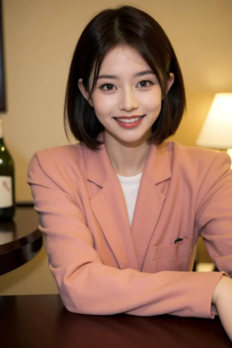 1girl,solo,bottle,alcohol,short  hair,red shirt,bar (place),shirt,looking at viewer,blurry background,jacket,formal,blurry,black jacket,black hair,realistic,suit,collared shirt,lips,brown eyes,long sleeves,whiskey,indoors,blush,perfect teeth,laughing,