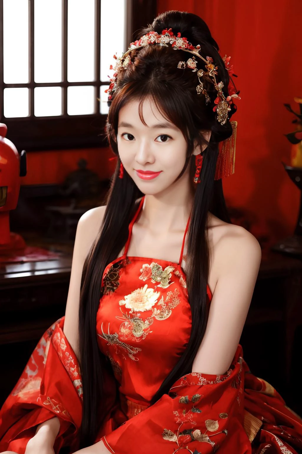 1girl, dress, hair ornament, red dress, solo, chinese clothes, long hair, sitting, bare shoulders, window, brown hair, hair bun, indoors, black hair, looking at viewer, <lora:kim_å°çº¢å
_v1:0.75>,close up,upper body, <lora:add_detail:0.5>,smiling face