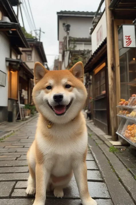 a cheerful Shiba Inu dog standing on a cobblestone street. The dog has a vibrant orange coat and is looking directly at the camera with its tongue slightly out, giving it a playful and happy expression. The background reveals traditional Japanese architecture, with wooden buildings, lanterns, and signboards.
<lora:shiba_v1:0.8>